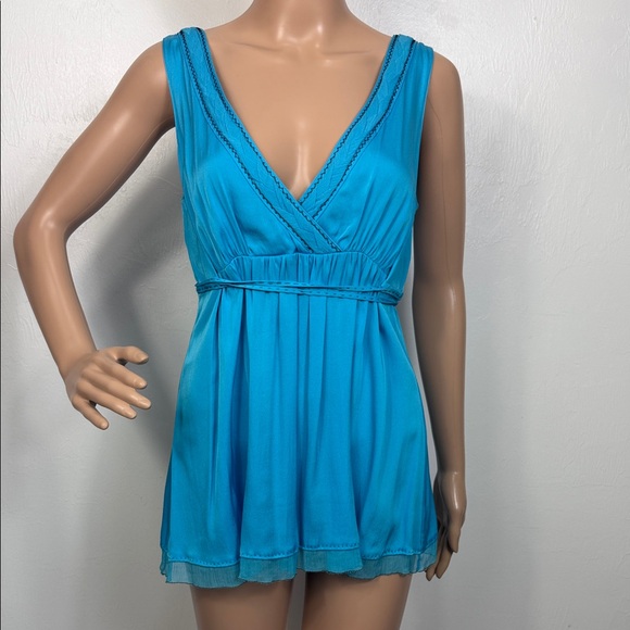 Elie Tahari Blue Silk Feel Plunge Babydoll Tunic Sleeveless Size M - Picture 2 of 7
